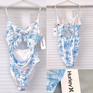 HURLEY Tropical Palm Tree Blue Cutout One Piece Swimsuit Size L
